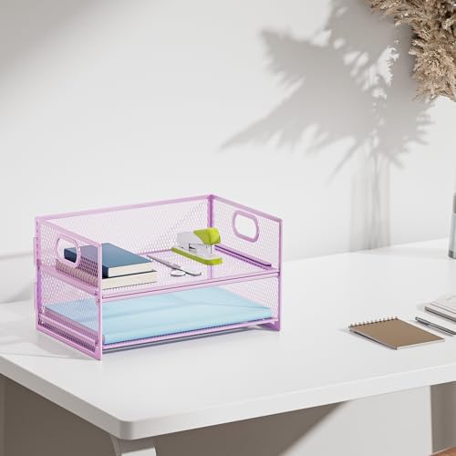 Marbrasse 2 Tier Paper Organizer Letter Tray, Mesh File Organizer with Handle, Paper Sorter Desk Organizer for Home Office Supplies - 2P Purple - Image 6