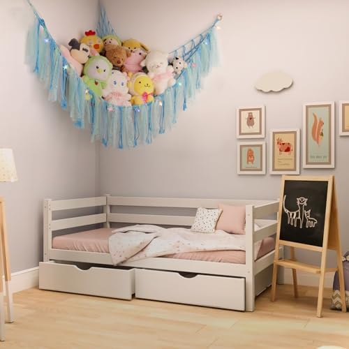 Stuffed Animal Hammock with LED Lights - 59 Inch Large Toy Storage Net for Kids Bedroom, Wall-Mounted Plush Organizer with Wooden Rings, Nursery Decor (Handwoven, Blue) - Image 6