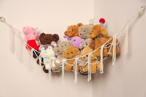 YKBU Stuffed Animals Hammock Corner Hanging Net Macrame Stuffed Animal Storage Plush Toy Holder Toy Organizer for Boho Nursery Playroom Bedroom Kids Room (cream, Large) - Image 7