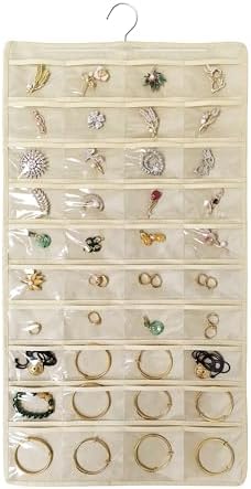 80 Pocket Hanging Jewelry Organizer with Hanger Metal Hooks Storage On Wall Door Closet Double-Sided(Each Side 40 Pockets) Jewelry Holder for Earrings, Necklaces, Rings (4 PACK BEIGE) - Image 7