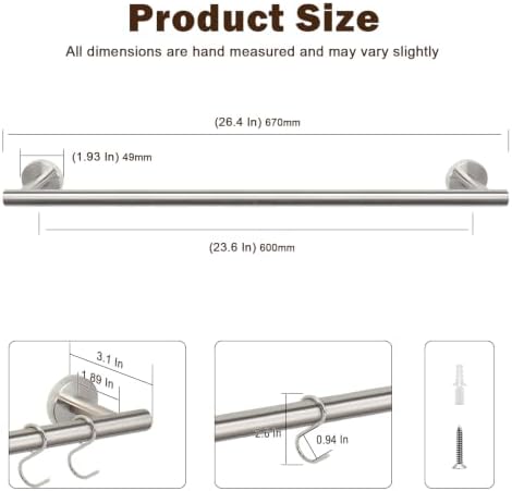 26 Inch Kitchen Utensil Rack, SUS304 Stainless Steel Pot and Pan Hanging Rail with 10 Sliding Hooks, Heavy Duty Wall Mounted Hanger and Organizer for Cookware, Mugs, Lids (Brushed Nickel) - Image 6