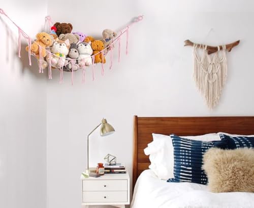 YKBU Stuffed Animals Hammock Corner Hanging Net with Wooden Beads Macrame Stuffed Animal Storage Ideas Plush Holder Toy Organizer for Boho Nursery Playroom Bedroom Kids Room Décor (light pink, Large) - Image 6