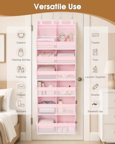 Criusia Over the Door Organizer, Extra Large 12 Compartments Closet Hanging Storage with 14 Mesh Pockets, 85lbs Capacity Behind the Door Storage for Baby Nursery, Bathroom, Bedroom, and Dorm, Pink - Image 7