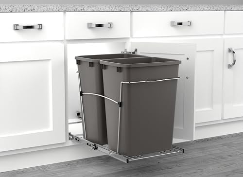 Rev-A-Shelf RV-18KD-13C-S Double Pullout Trash Can for Kitchen Cabinets 35 Quart Garbage Recycling Bin on Full Extension Slides, Gray - Image 6