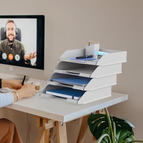 4 Pack Stackable Paper Trays for Letter Documents, Desktop File Organizers for Office Supplies, Stackable Desk Tray Holder for Paper Storage, Gray - Image 7