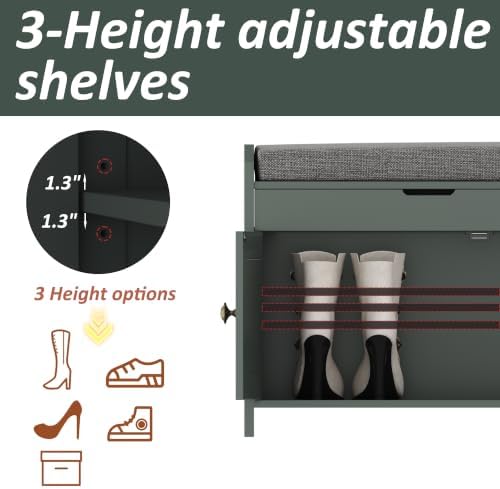 HOMEFORT 41.3" Shoe Bench with Lift Top Storage, Entryway Bench with Cushioned Seat, Wooden End of Bed Bench, Shoe Cabinet Bench with Hidden Storage Space, for Bedroom, Hallway,Green - Image 6