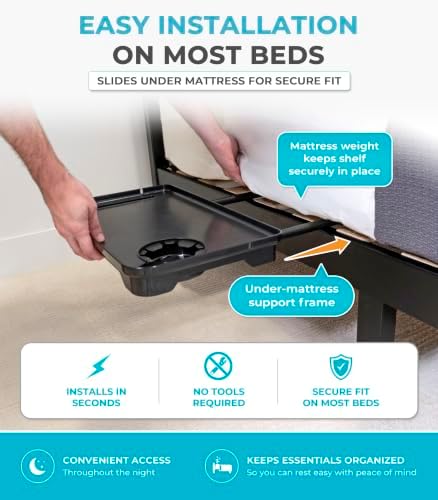 Stander Wonder Bedside Shelf, Bedside Caddy Organizer & Bunk Bed Shelf, Space-Saving Floating Nightstand for Seniors & Dorm Rooms, Bedside Tray Table with Phone Holder, Cup Holder & Cable Organizer - Image 6