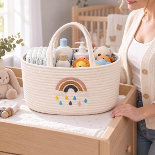 Baby Diaper Caddy Organizer, Cotton Woven Rope, Portable Nursery Storage Basket with Changeable Compartments, Newborn Gift (Rainbow) - Image 5