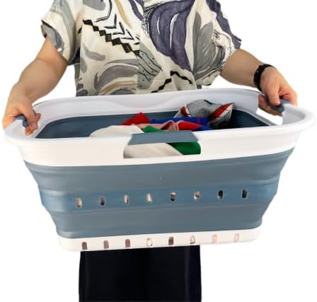 SAMMART 42L (11 gallon) Collapsible Plastic Laundry Basket - Foldable Pop Up Storage Container/Organizer - Space Saving Hamper/Basket (1, White/Steel Blue) - Image 6