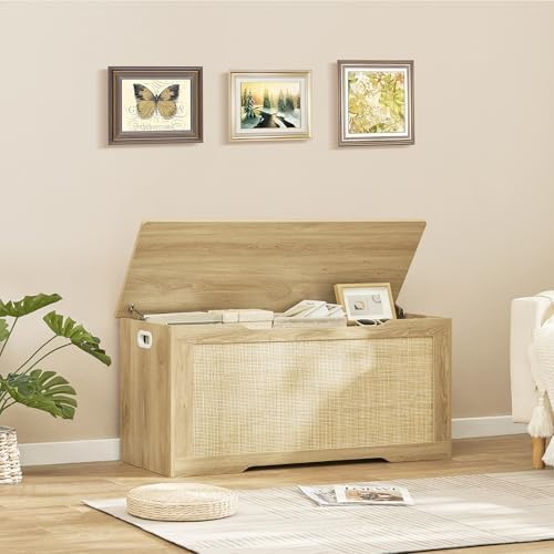 usikey 39.4” Storage Chest, Toy Box with 2 Safety Hinges, Toy Chest for Bedroom, Storage Bench with Storage, Shoe Bench, Supports 220 lb, for Living Room, Entryway, Natural - Image 6