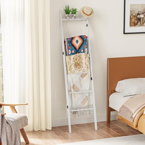 BAMBANG 6-Tier Blanket Ladder for Living Room, Blanket Quilt Ladder Rack Rustic Decorative Towel Holder, Wall Leaning Blanket Ladder Shelf Storage Farmhouse Decor for Bedroom Bathroom, White - Image 6