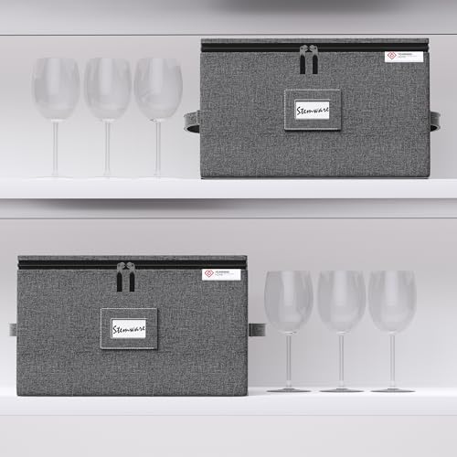 YearningHome Wine Glass Storage Box with Dividers,Hard Shell and Stackable Stemware Storage Containers with Sturdy Handle for Glassware Crystal Storage and Transport,Grey,Holds 12 - Image 6