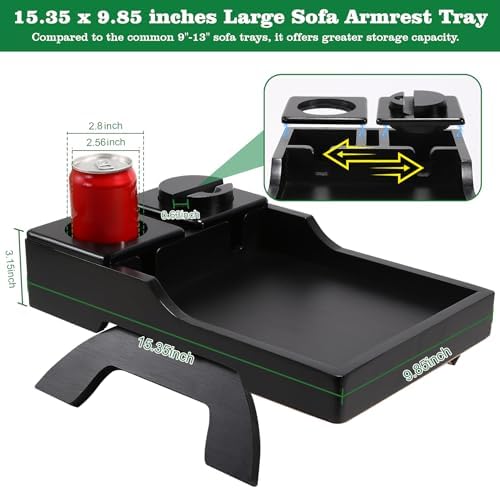 GHKINMAL Couch Cup Holder Tray, 15.4"x9.9" Large 4 in 1 Couch Arm Tray with 360°Rotated Phone Holder, Non-Slip Clip on Side Table for Drinks/Remote/Snacks, Ideal Gift for Husband, Wife, Parents - Image 6