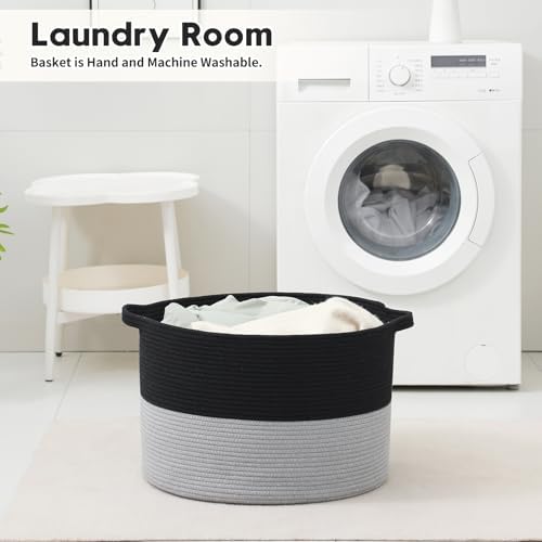 Foldable Laundry Hamper Basket with Collapsible Handle Cotton Rope Soft Woven Fabric Storage Organizer Clothes Toys Nursery Bedroom Dorm Space Saving Bin (Black & Grey, 115L(23.6"D x 15.7"H)) - Image 6