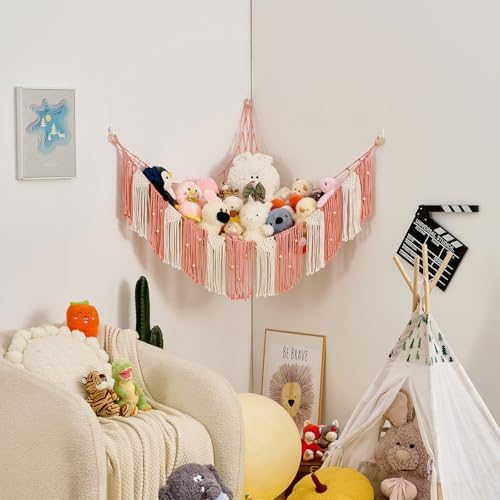 Pretty Jolly Stuffed Animal Hammock with Weaving Tassels and Beads Leather Pink - Image 7