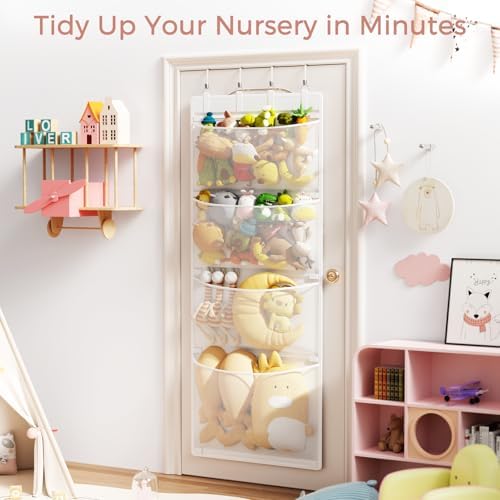 Criusia Stuffed Animal Storage, Over the Door Organizer with 4 Mesh Pockets, Toy Organizers and Storage for Nursery, Baby Supplies, Hanging Door Organizer for Kids Room & Playroom Organization, White - Image 6