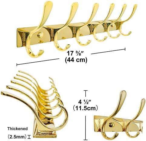 SKOLOO Heavy Duty Wall Mounted Coat Rack - 6 Hooks, Stainless Steel, Sturdy Coat Hooks for Hanging Coats, Jacket, Clothes, Hat, Bright Gold - Image 6