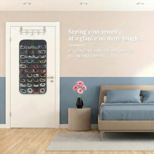 4 Pack Black Hanging Jewelry Storage with 80 Pockets, Double-Sided Closet Jewelry Organizer Hanging for Earrings, Necklaces, Rings, Bracelets - Image 7