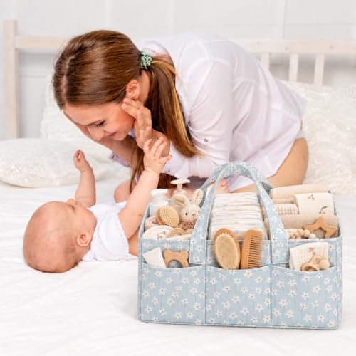 PeraBella Baby Diaper Caddy Organizer, Floral Baby Basket Shower Gift, Nursery Organizer Basket Newborn Boy & Girl Essential Items, Changing Table Organizer Caddy for Baby Stuff, Car Caddy- Blue Daisy - Image 7