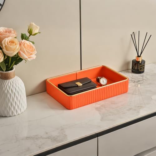 PU Leather Valet Tray,Desk Organizer Tray Nightstand Organizer Trinket Dish Storage Key Bowl Decorative Trays for Phone Wallet Jewelry Watch Bathroom Bedroom Perfume Vanity Trays,Orange - Image 6