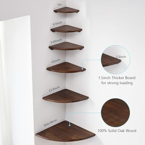 Corner Shelf, Solid Oak Wood Floating Corner Shelf Wall Mount Round End Floating Speaker with Wire Hole for Small Plant Photo for Bedroom Kitchen, Living Room Walnut - Image 6