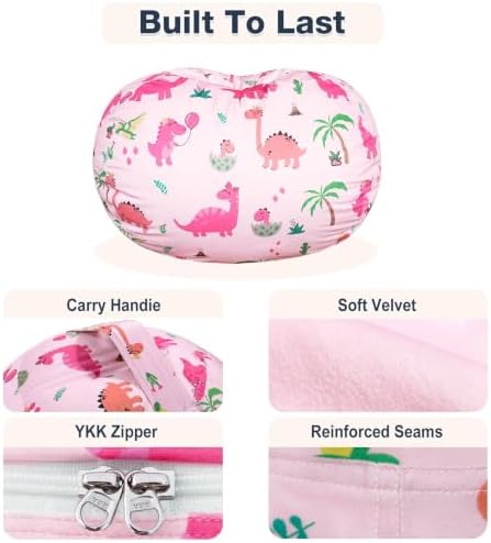 Lukeight Dinosaur Stuffed Animal Storage Bean Bag Chair Cover for Kids, Velvet Plush Toy Organizer Seat, Cover Only, No Filling Included, Long YKK Zipper, Side Pocket, X-Large 30"D x 18"H - Image 6