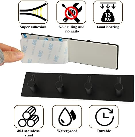 Picowe Key Holder for Wall Decorative, Adhesive Stainless Steel Key Hooks, Key Hanger Key Organizer for Wall, Towel Hook Coat Hanger for Entryway Hallway Kitchen(Four Rows,Black 1PCS) - Image 7