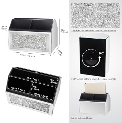 360 Rotating TV Remote Control Holder Storage Caddy for Pad Phone Pen and Pencils, Makeup Brush, Silver Crushed Diamond Desk Organizer for Bedroom Livingroom - Image 6
