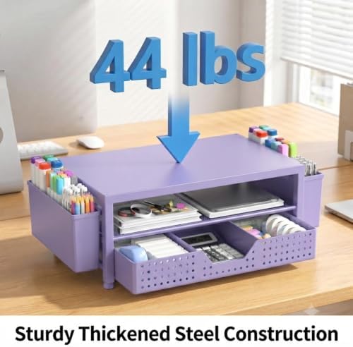 ECOLOVI Desk Organizer and Accessories, 2-Tier Computer Monitor Stand Rise with Storage Drawer & 2 Pen Holders, Laptop & Printer Stand for Desktop, Workspace Organizers for Office Supplies (Purple) - Image 6