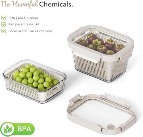 GENICOOK Glass Fruit Storage Containers for Fridge, 2 Set Produce Containers with Removable Colanders & Vent Glass Lids, Airtight Fruit & Vegetable Storage, BPA Free Borosilicate Glass - Image 6