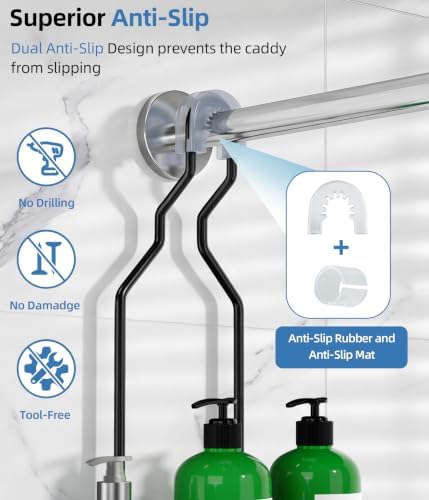 Adjustable Shower Caddy Hanging, Extended Length Organizer Over Shower Head, 3 Tier Long Neck Shower Rack with Soap Holder for Large Storage, Black - Image 6