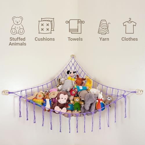 ABBY BABY Large Stuffed Animal Hammock Corner - Stuffed Animal Storage - 100% Natural Cotton Macrame Stuffed Animal Net - Stuff Animal Organizer - Net For Stuffed Animals Corner Large - Purple - Image 6