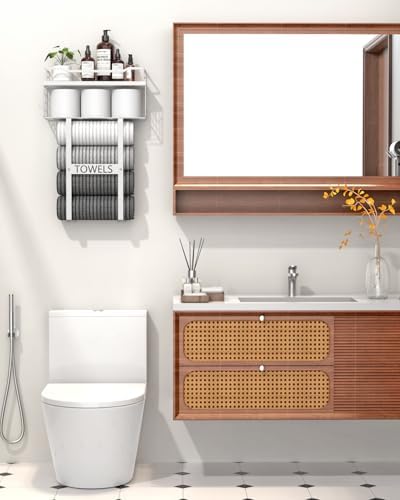 Towel Racks for Bathroom Wall Mounted - Bath Wall Towel Holder Set Above Toilet Storage, Rolled Towel Shelf Organizer for Small Bathroom All White, Wood Vertical Towel Rack for Bathroom Wall Decor - Image 7