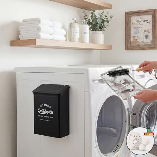 MONJITA Magnetic Lint Bin for Laundry Room, Metal Trash Can with Lid for Dryer, Farmhouse Lint Holder, Laundry Co Sign, Laundry Room Storage Decor with Dryer Lint Brush (Black-Dryer Ball Set) - Image 6