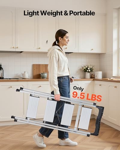 VEVOR 4 Step Ladder, Folding Step Stool with Wide Anti-Slip Pedal and Comfort Handgrip, 330 lbs Capacity Portable Aluminum Stepladder, Multi-Use for Kitchen, Home, Warehouse and Office, Silver - Image 6