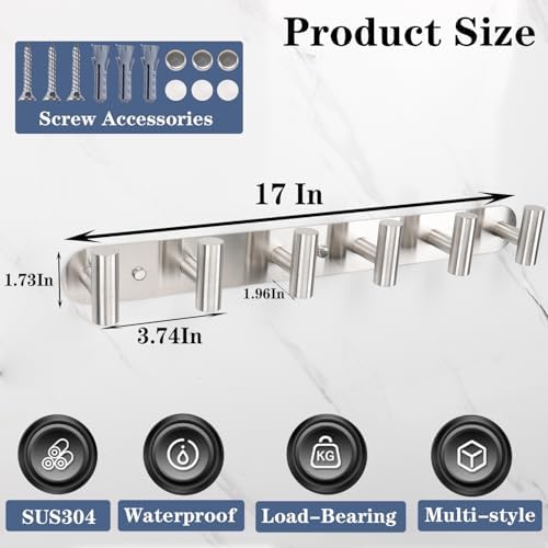 Coat Hook Rack, Wall Mounted Coat Rack with 6 Hooks, Heavy Duty Towel Hook Rack Wall Hooks for Hanging Coat Jacket, Stainless Steel Coat Hanger for Bathroom Entryway Mudroom(Brushed Nickel) - Image 6