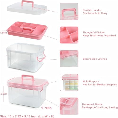 HEY FOLY Set of 2 Medicine Organizer - Plastic Storage Box with Handle Pink - Image 3