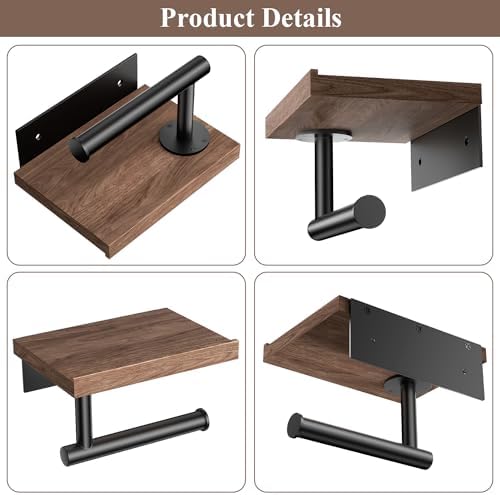 Tindbea Toilet Paper Holder with Wood Shelf, Wooden Wall Mount Tissue Paper Roll Holder, Matte Black Stainless Steel Bathroom Accessories Decor Household Home Apartment Restroom Essentials (Walnut) - Image 5