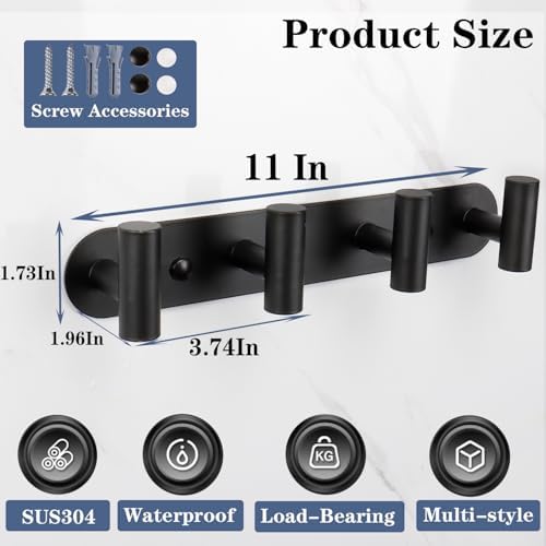 Coat Hook Rack, Wall Mounted Coat Rack with 4 Hooks, Heavy Duty Towel Hooks Rack Wall Hooks for Hanging Clothes Jacket, Stainless Steel Coat Hanger for Bathroom Entryway Mudroom(Matte Black) - Image 6
