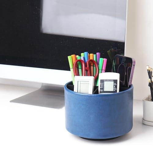 Round Leather Art Supply Organizer,Remote Control Holder,360 Degree Spinning,Multi-Functional Pencil Holder,4 Compartments Desktop Stationary Organizer(1-Oil Blue2) - Image 7