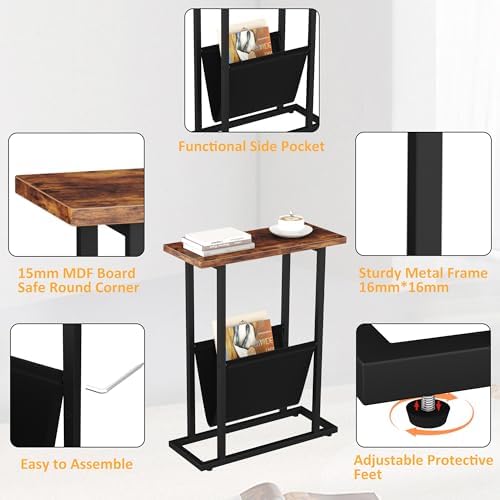 Yusong Narrow Side Table for Small Spaces, Small End Table with Magazine Holder, Skinny Slim Little Thin Table for Living Room, Bedroom, Sofa, Rustic Brown - Image 6