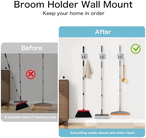 2P No Drill Self Adhesive Broom Mop Holder Wall Mount with Hooks Silver - Image 6