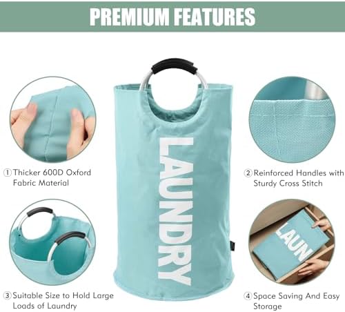 DOKEHOM 95L Large Laundry Basket Bag, Collapsible Tall Hamper, Light Blue - Image 7
