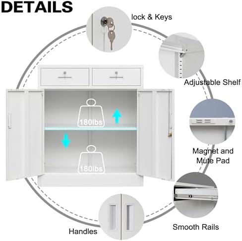 Wanfu Metal Storage Cabinet, Locking Storage Cabinet with Adjustable Shelf, 36" H Metal Cabinets with 2 Drawers for Office, Garage, Home-White - Image 6