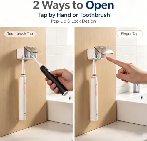 Toothbrush Holder Wall Mounted with Pop-Up Waterproof Cover, 2 Slots & Ventilated, No-Drill Adhesive Bathroom Organizer, Detachable Easy Clean, Fits Most Manual & Electric Toothbrushes (2pc Grey) - Image 6