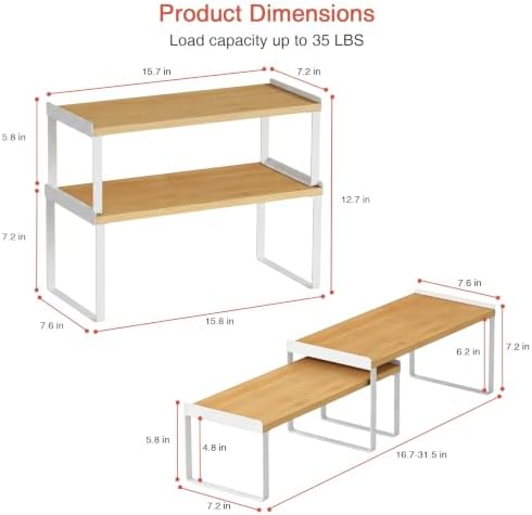 Goozii 4 Pack Stackable Cabinet Shelves Organizer, Shelf Rack with Anti-Fall Lips for Kitchen Pantry Coffee Bar Countertop Storage (Bamboo White) - Image 7