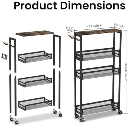 Vincona Extra Slim Storage Cart with Adjustable Shelf, 4 Tier 5.1" Narrow Rolling Utility Cart with Wooden Tabletop, Small Metal Mobile Shelf Unit Organizer Trolley for Laundry, Bathroom, Kitchen - Image 7