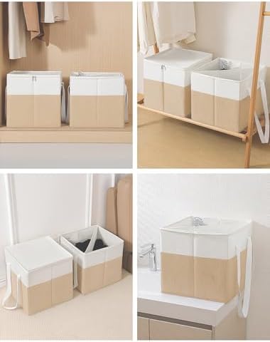 2-Pack Rigid Clothes Hanger Organizer Bag with Dust-Proof Lid, Hanger Storage Holder with Support Boards, Large Capacity Clothes Storage Containers with Handle for Laundry-Beige/Linen - Image 7