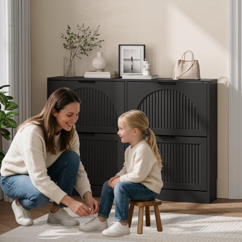 Fluted Shoe Storage Cabinet for Entryway, 4 Flip Drawers, Black - Image 7