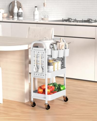 ALVOROG 3 Tier Metal Rolling Utility Cart with Pegboards,Baskets,Hook,White - Image 6